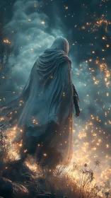 Shrouded wanderer ascending through embers and stormlight.