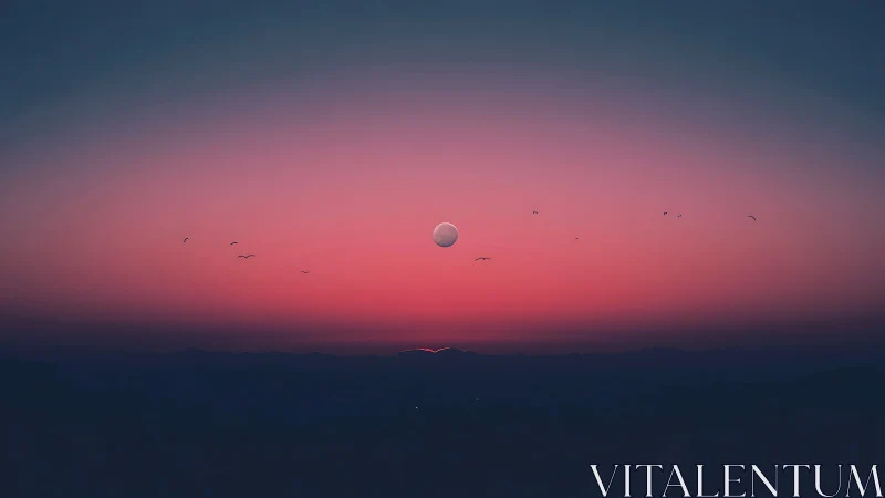 Soft twilight moonrise over distant violet mountains.