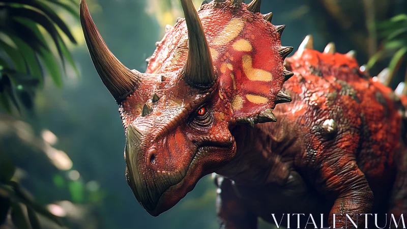 Horned jungle guardian in blazing crimson dinosaur armor.