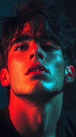 Moody neon portrait captures longing in dramatic lighting