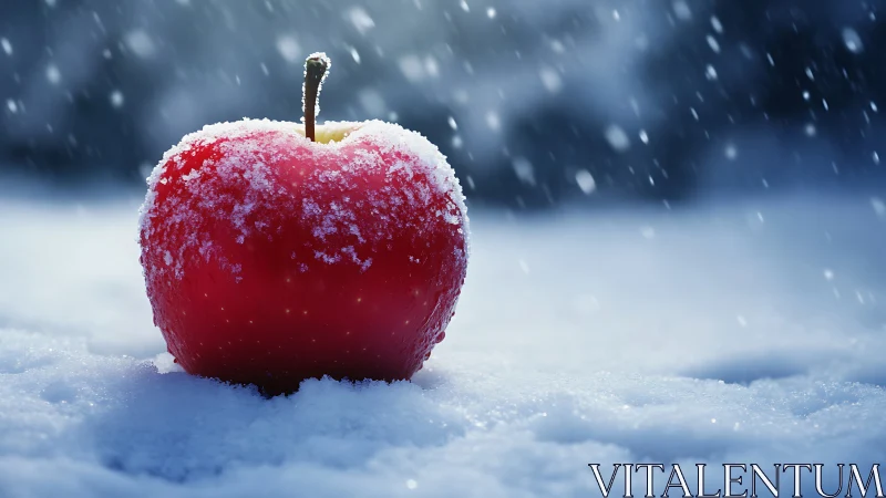 Crimson winter apple crowned in frost amid drifting snow.