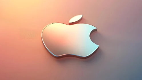 Metallic Apple logo in soft gradient lighting, modern 3D style.