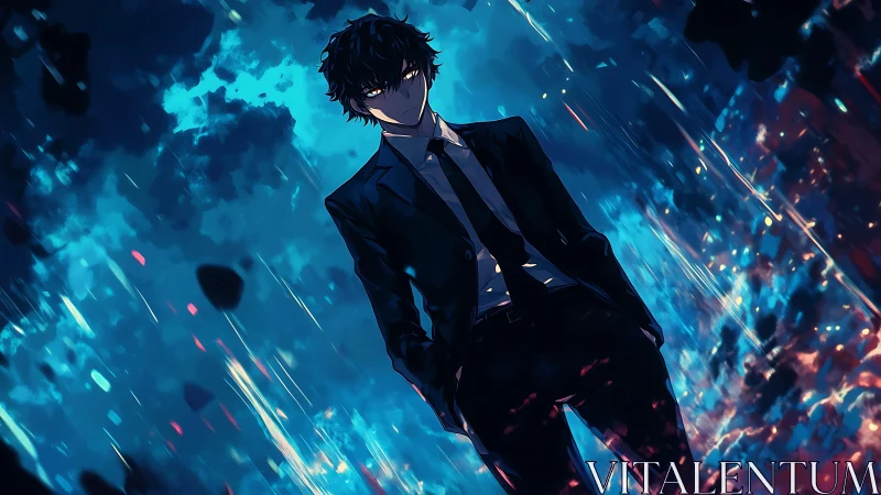 Man in suit stands amid abstract blue and orange light field