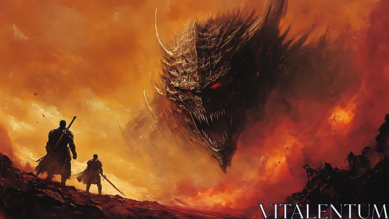 Infernal colossus confronting twin warriors in flame-torn sky.