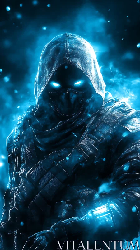 Hooded armored figure with glowing blue eyes in misted field.