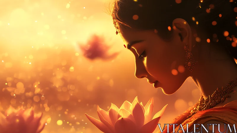 Serene profile of woman with lotus in warm golden light.