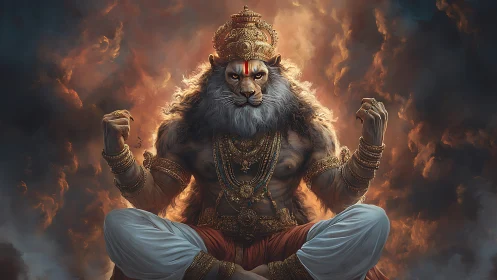 Lion-headed deity quietly commands storm-wreathed cosmos