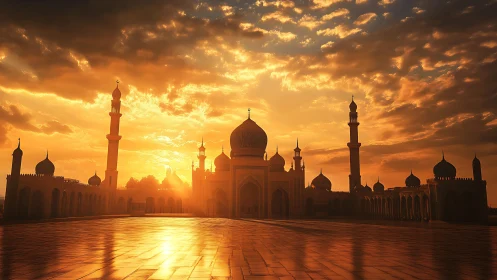 Sunlit mosque courtyard with domes and minarets in warm haze
