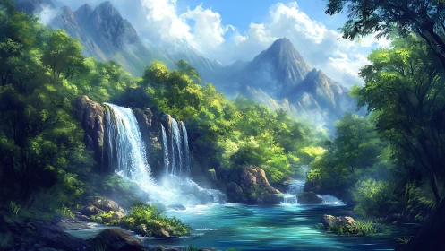 Luminous mountain waterfall landscape in layered digital painting.