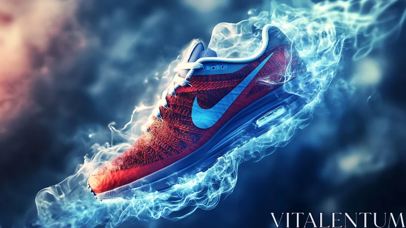 Energized running shoe floats in swirling electric blue smoke
