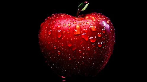 Macro optical study of dew‑laden red apple surface geometry.