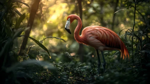 Pink flamingo standing in lush green forest light.