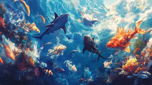 Colorful reef fish and sharks swim through sunlit ocean water