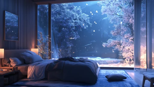 Softly glowing bedroom welcomes a dreamy winter night view