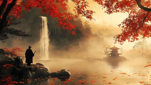 Samurai keeper of autumn mists beside sacred waterfall.