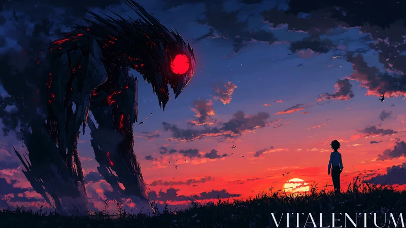 Sunset stand-off between lone boy and burning void titan.