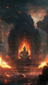 Temple of embers and calm amidst swirling cosmic fire.