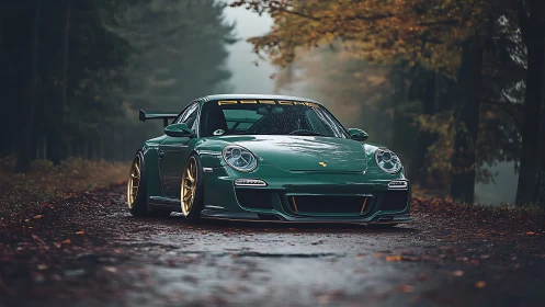 Green Porsche sports car sits low on wet forest road