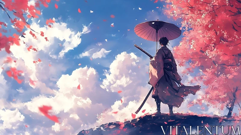 Samurai figure under umbrella amid red foliage and sky.