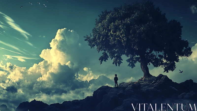 Solitary child under luminous tree above storm clouds.