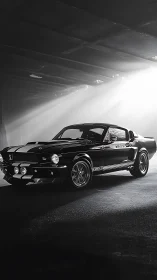 Monochrome classic muscle car under directional shaft lighting