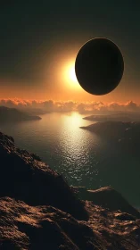 Eclipsed sun over alien tides in molten dusk silence.