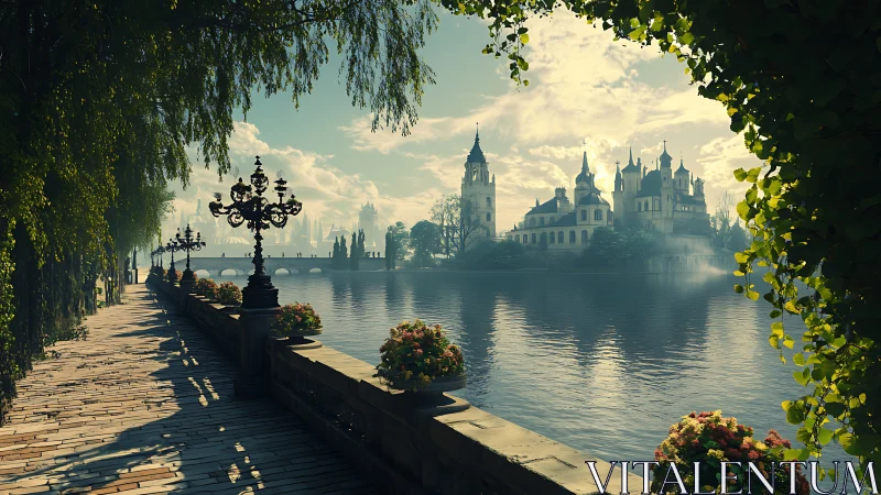 Sunlit riverside promenade facing distant fairytale castle.