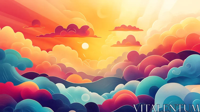 Layered chromatic cloudscape renders stylized sunset depth