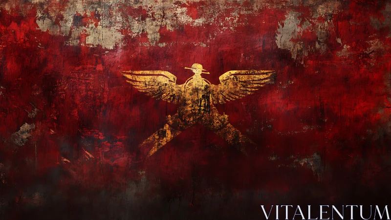 Golden eagle emblem on distressed red textured wall.