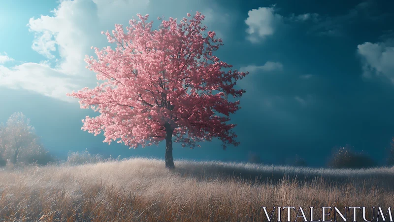 Isolated pink-blossomed tree in open grassland under clouds.