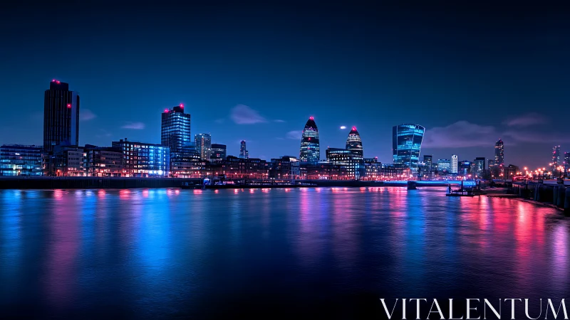 Neon-lit London riverside skyline in long exposure reflection.
