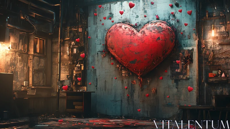 Monumental Red Heart Installation in Abandoned Urban Industrial Interior