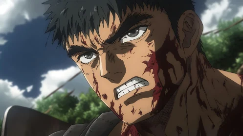 Battle-hardened warrior snarling under stormy daylight sky.