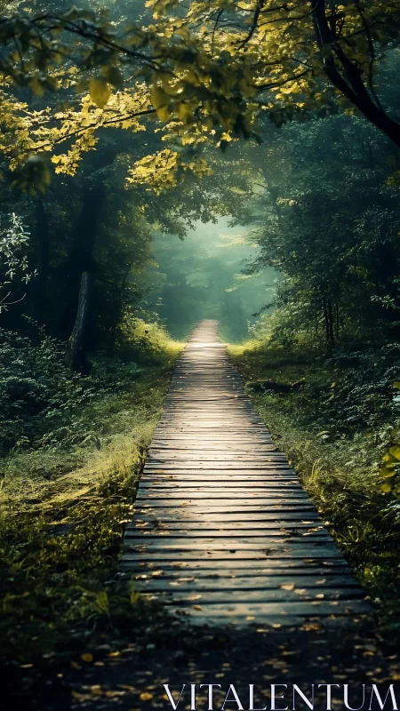 Luminescent Forest Corridor: Wooden Boardwalk Through Verdant Canopy.