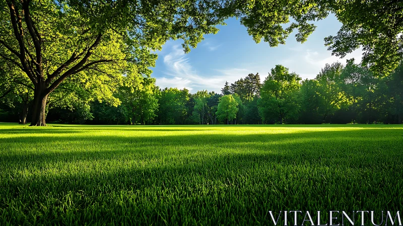 Sunlit park meadow dreaming under a cathedral of trees.