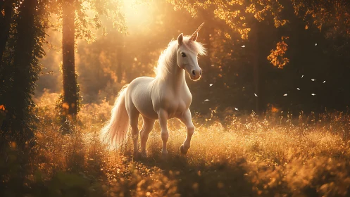 White unicorn standing in sunlit forest clearing at dusk.