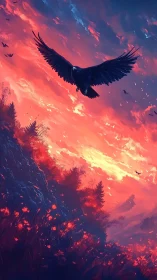 Soaring black bird over a blazing sunset valley sky.