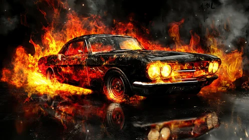 Vintage automobile engulfed in combustion flames and smoke.