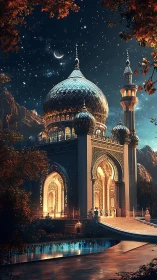 Golden moonlit palace under a storybook starlit sky.