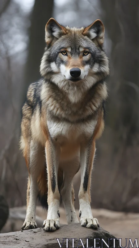 Standing timber wolf in shallow-depth forest portrait frame.