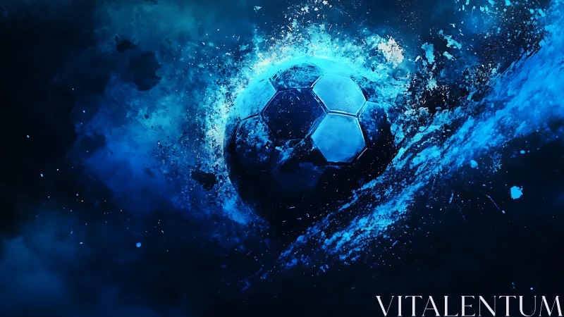 Electric blue soccer ball bursting through cosmic splash.