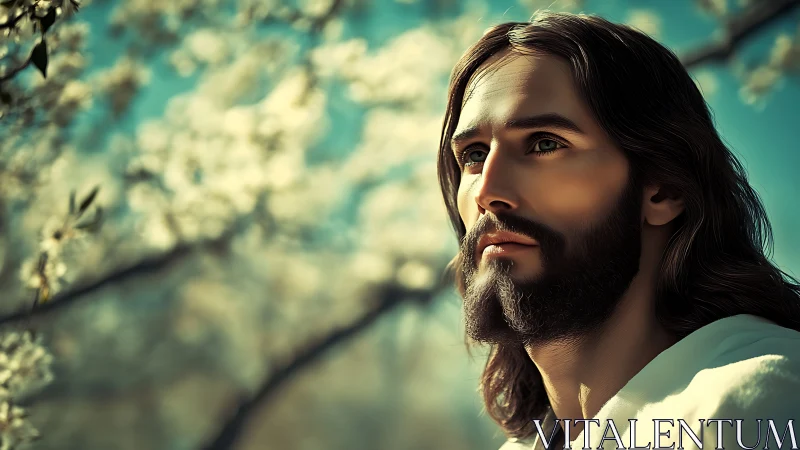 Soft-lit bearded mystic beneath awakening spring blossoms.