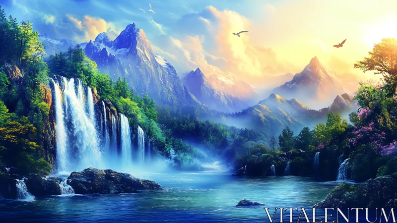 Sunlit waterfalls cascade through a tranquil fantasy valley