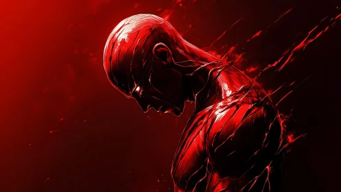 Red-lit figure dissolving into streaks of motion and emotion.