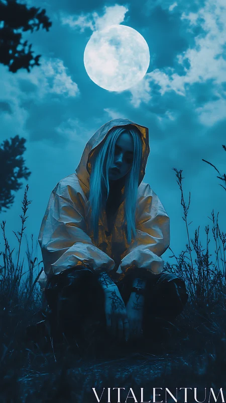 Hooded figure in field under full moon with blue lighting.