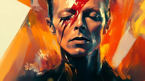 Vivid portrait with lightning bolt makeup in molten oranges.