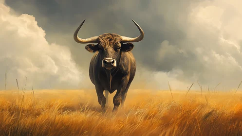 Long-horned bull standing in dry grassland under clouds.
