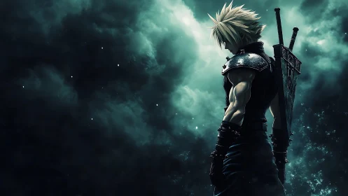Spiky haired swordsman stands in profile against storm clouds