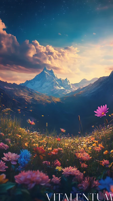 Wildflower valley dreams upward toward a starlit ice peak