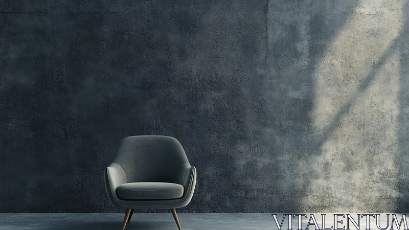 Minimalist gray armchair sits in moody concrete sunlight